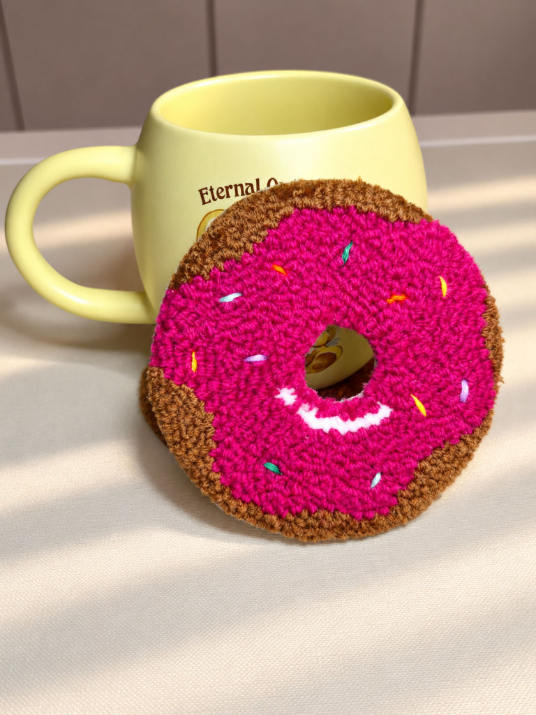 Pink donut punch needle mug rug displayed beside a yellow mug