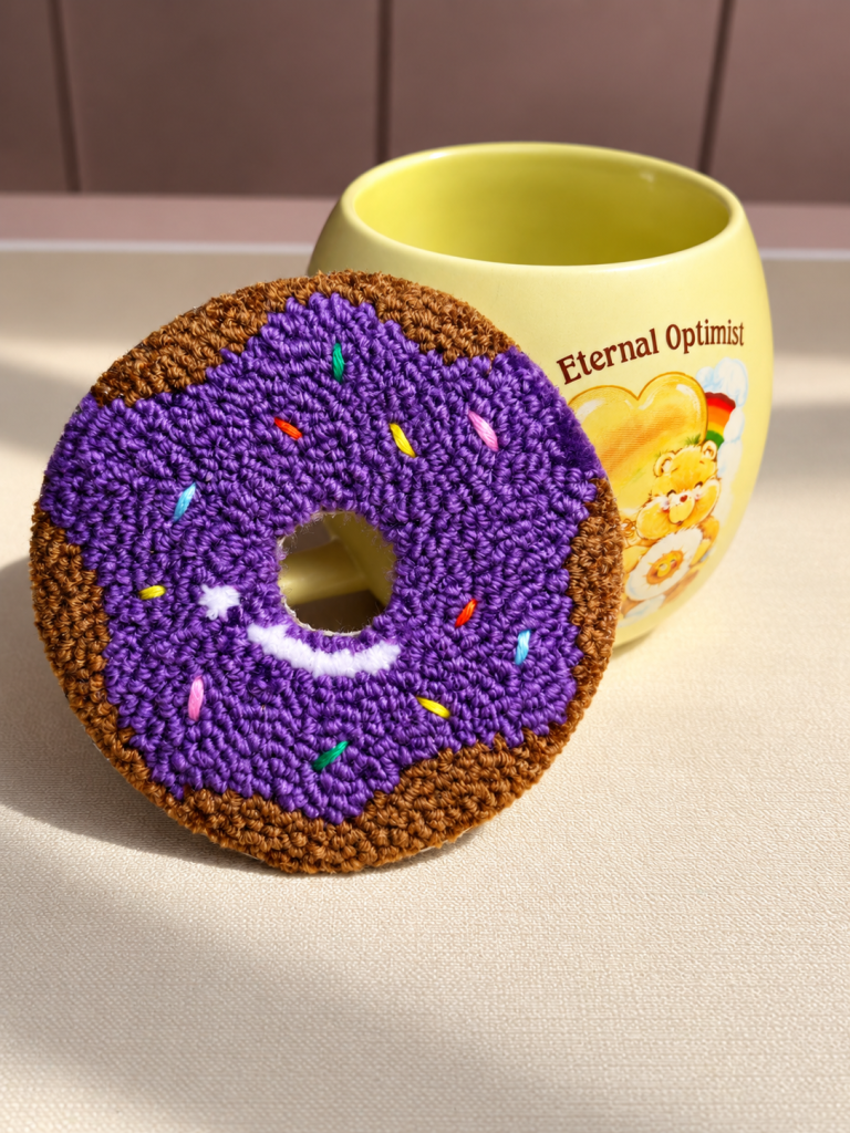Purple donut punch needle mug rug handmade by LotsaLoops